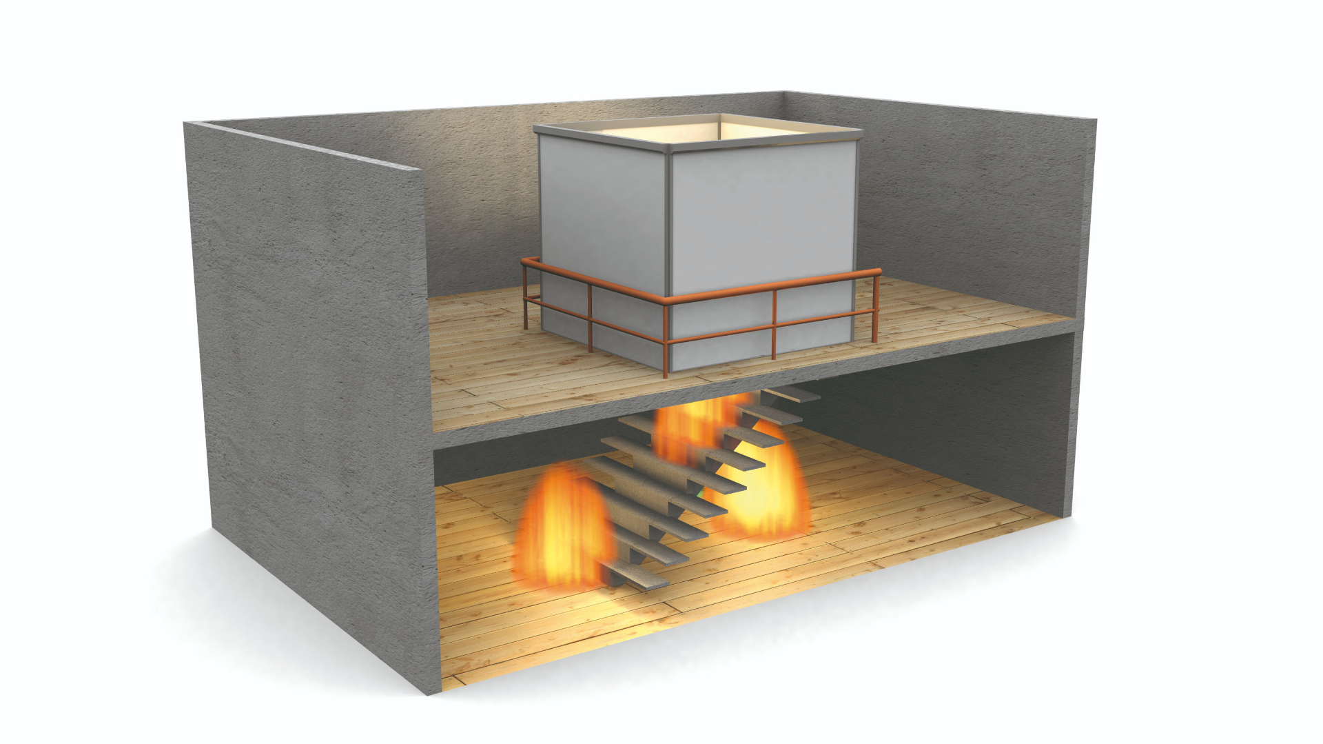 3D-illustrasjon av brannluke som beskytter gjennom dekke